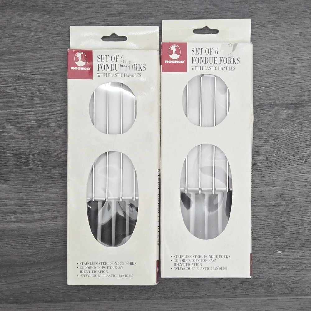 Lot of 2Vintage Roshco Set of 6 Stainless Steel Fondue Forks Plastic Handles NIB